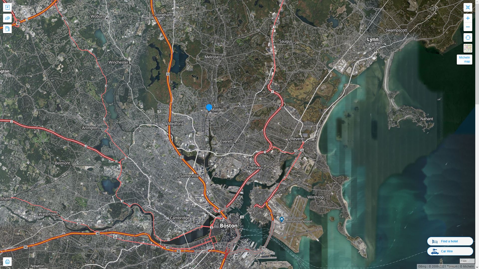 Malden Massachusetts Highway and Road Map with Satellite View
